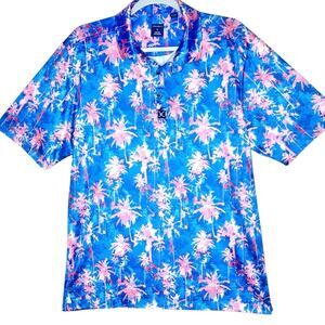 Con.Struct Mens Performance Golf Polo L  Blue Pink Tropical Palm Tree Resort